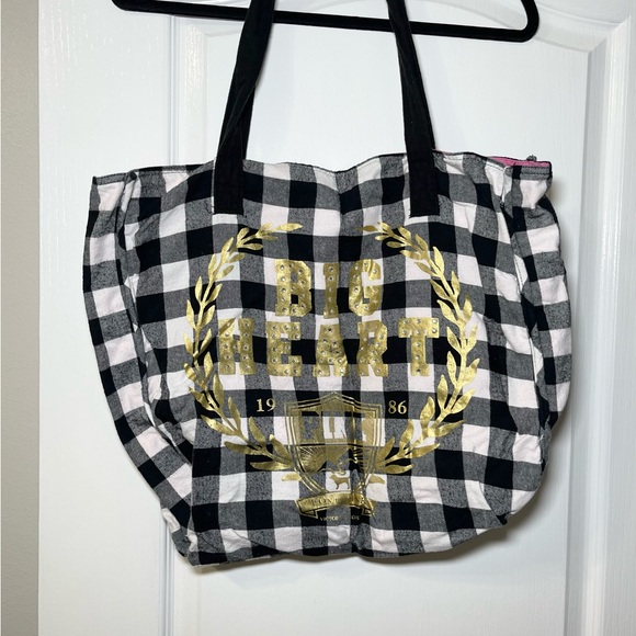 Y2K PINK Victoria's Secret Black & White Gingham Big Heart Bling Tote Bag - Picture 3 of 14